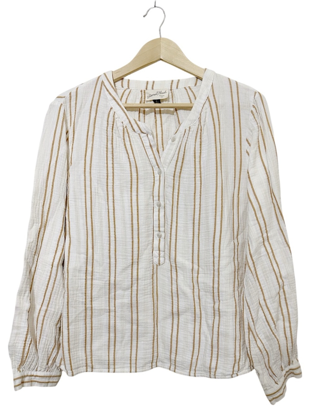 Universal Thread Large Cream Tan Stripe Cotton Gauze Blouse Long Sleeve Boho - Picture 2 of 6